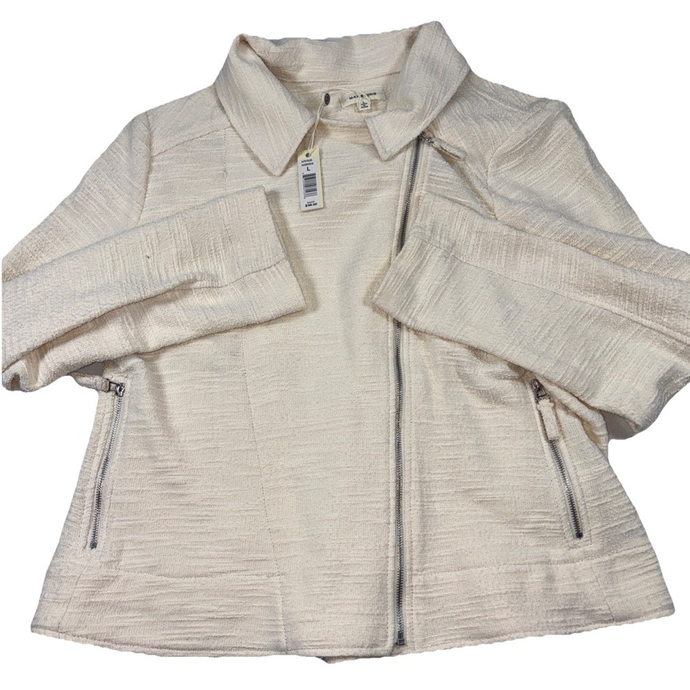 Max Studio Motorcycle Jacket Womens L Ivory Textured‎ Collared Asymmetrical Zip